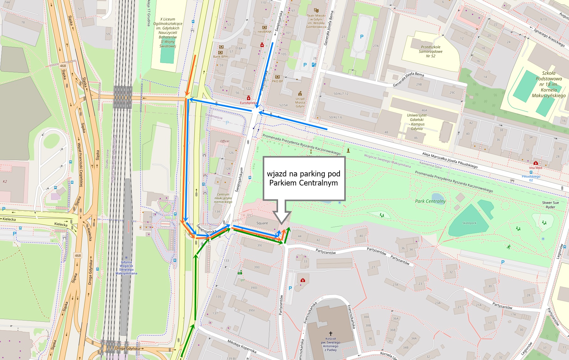 grafika pokazująca, jak wcjechac na parking, mapa i zaznaczony wjazd