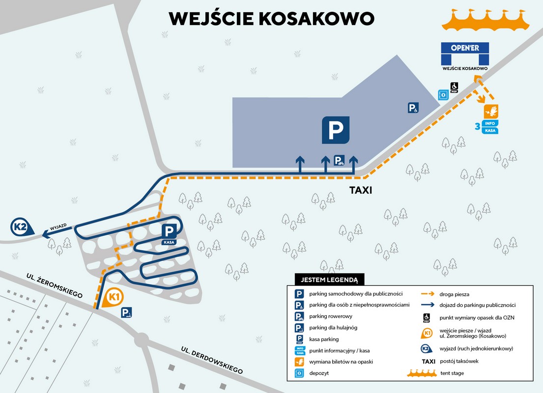 Mapa wejścia Kosakowo z oznakowanymi parkingami, kasami, postojami taksówek i drogami pieszymi // fot. materiały prasowe