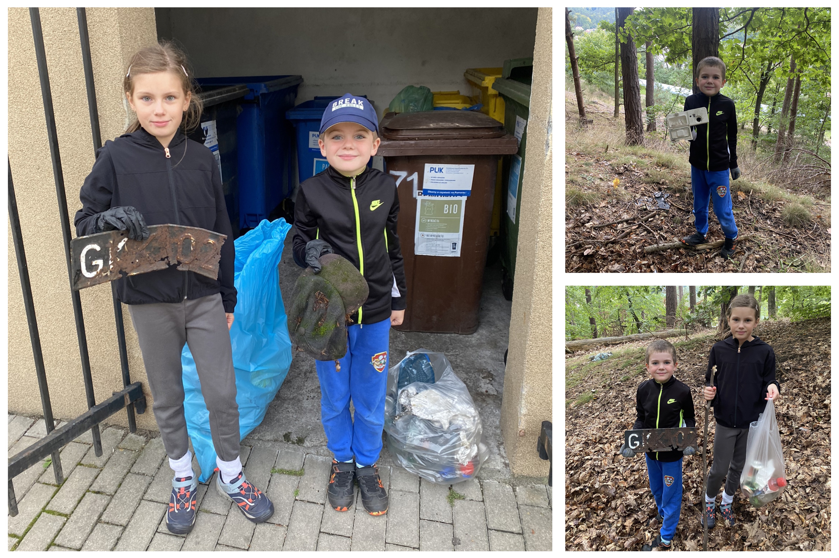 Kolaz zdjęć z dziećmi zbierającymi w lesie śmieci.