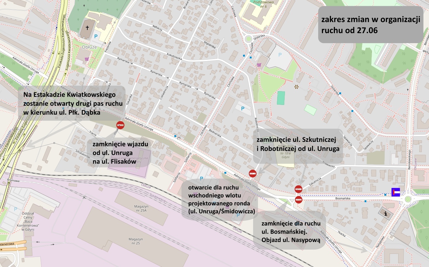 zmiany org. ruchu przy rozbudowie ulicy Unruga// źródło: ZDIZ, open street map