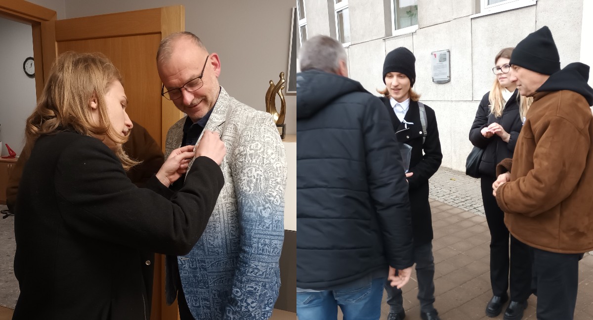 Kolarz zdjęć przedstawiających dwóch mężczyzn oraz grupę osób
