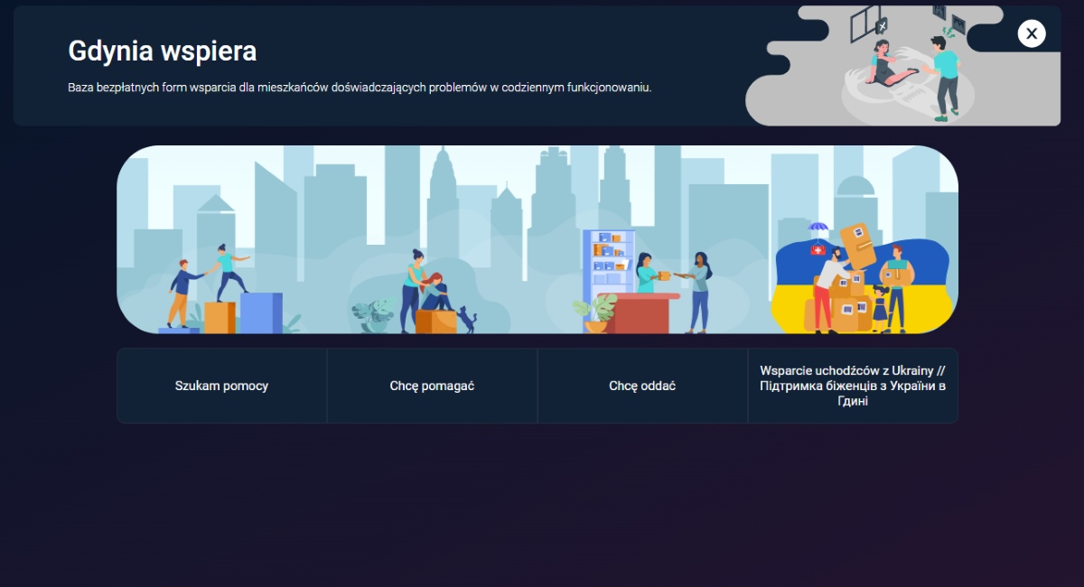 Zdjęcie pokazuje wygląd portalu gdyniawspiera.pl jako części serwisu internetowego "Konto Mieszkańca"