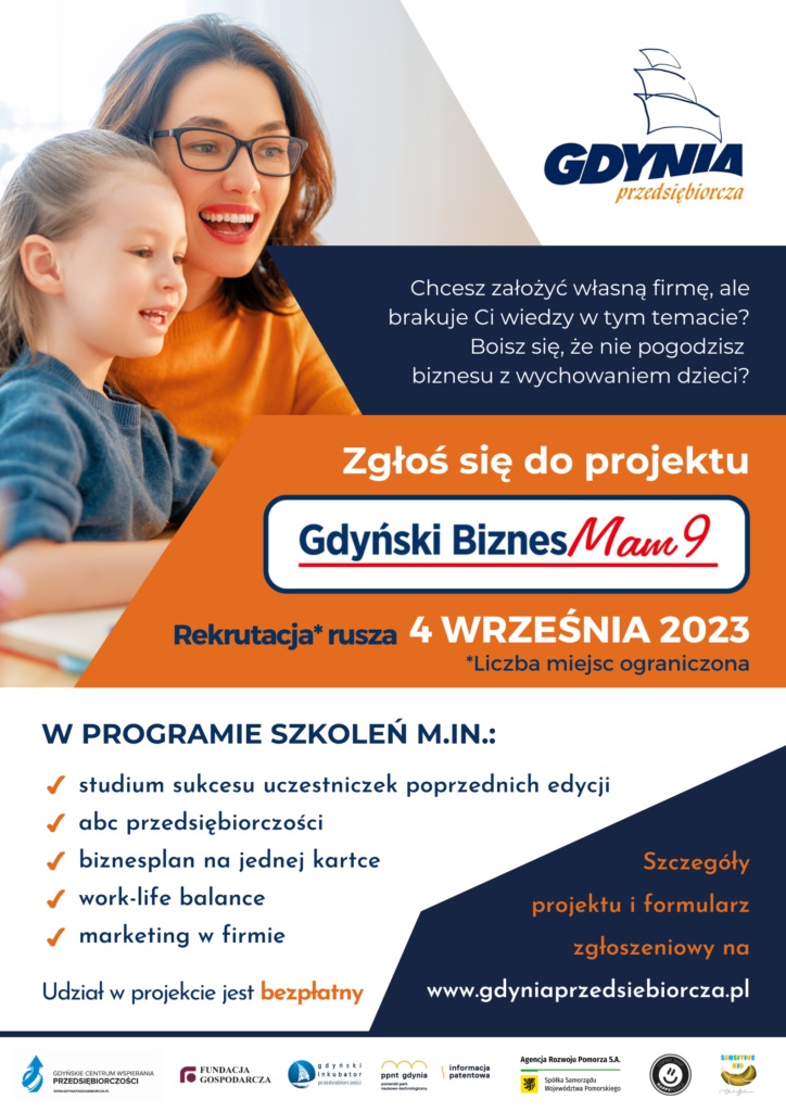 Plakat projektu Gdyński BiznesMam 9, napisy, wizerunek młodej kobiety, informacje, daty