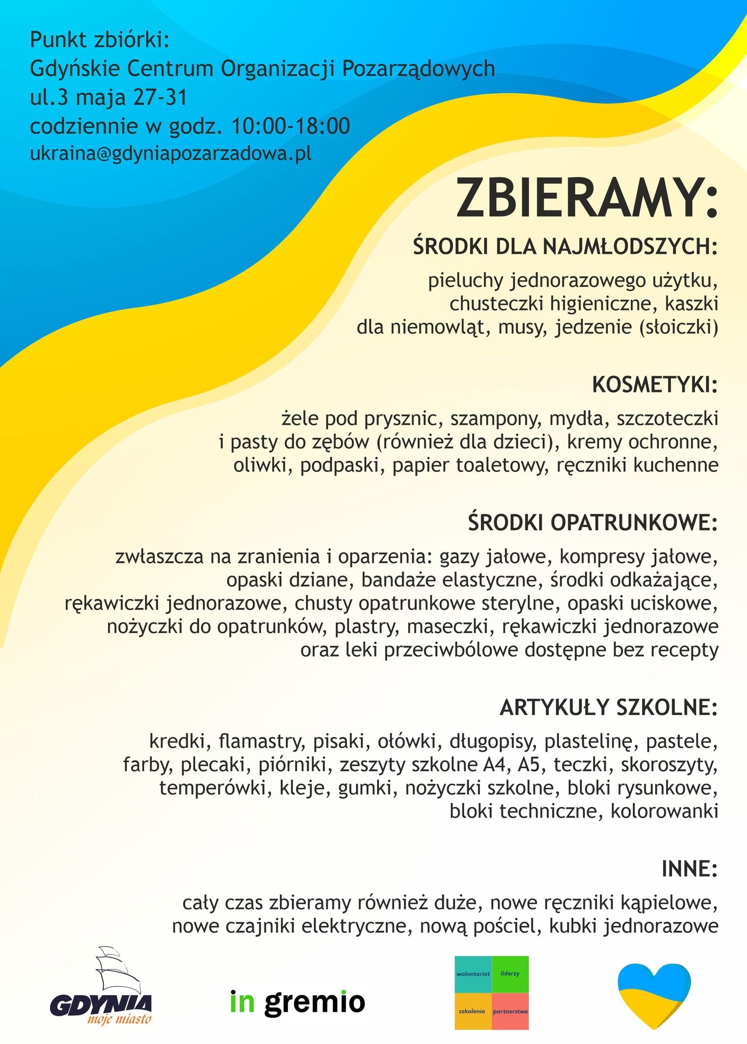 Plakat Gdyńskiego Centrum Organizacji Pozarządowych dotyczący zbiórki darów dla Ukrainy