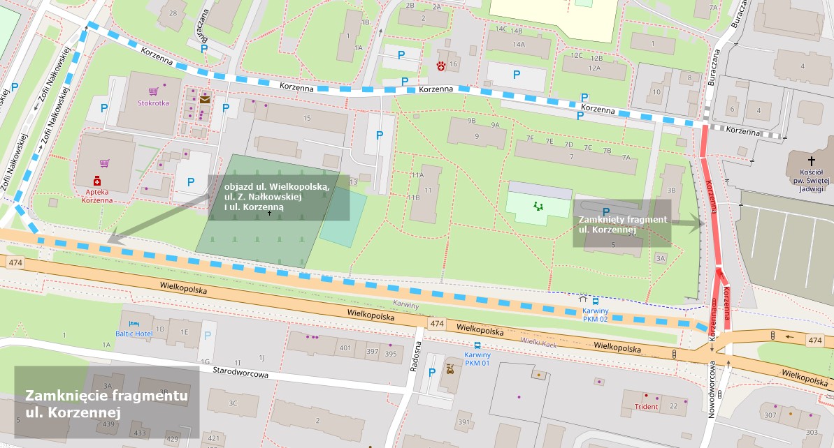 mapa zamknięcia i objazdu do ul. Korzennej