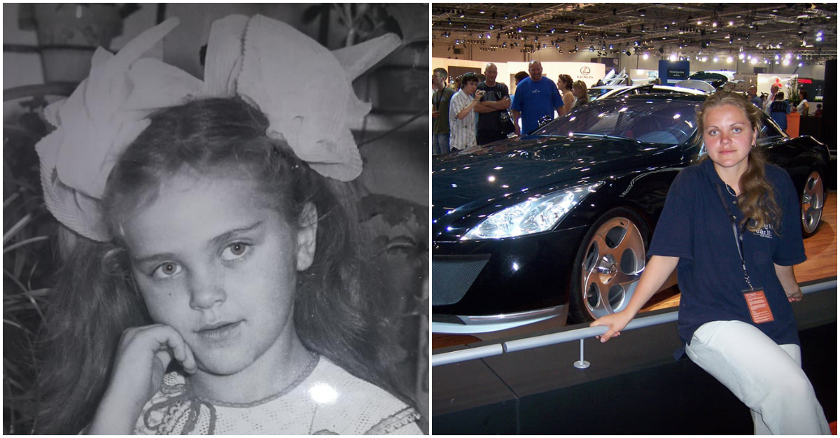 Tatiana Aldonova w wieku 5 lat, wkrótce po wyjeździe z rodzinnej wsi niedaleko Czarnobyla do Czarnobyla w 1986 roku (z lewej) i w Londynie podczas "moto show", gdzie sprzedawała gazetę Daily Mail. Źródło: archiwum prywatne