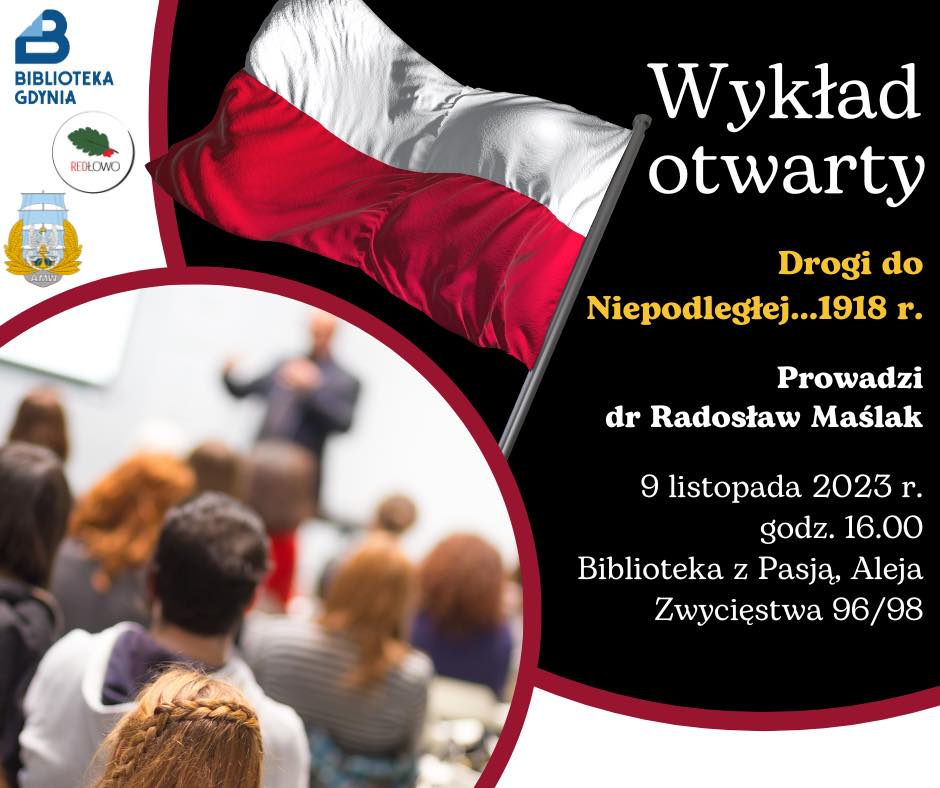 plakat do wydarzenia: na nim flaga i publiczność podczas wykładu