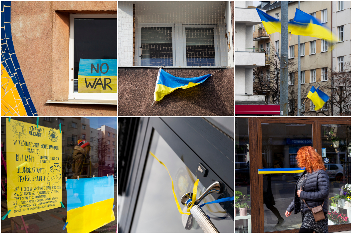 Znaki solidarności z Ukrainą na ulicach Gdyni. kolaz zdjęć.