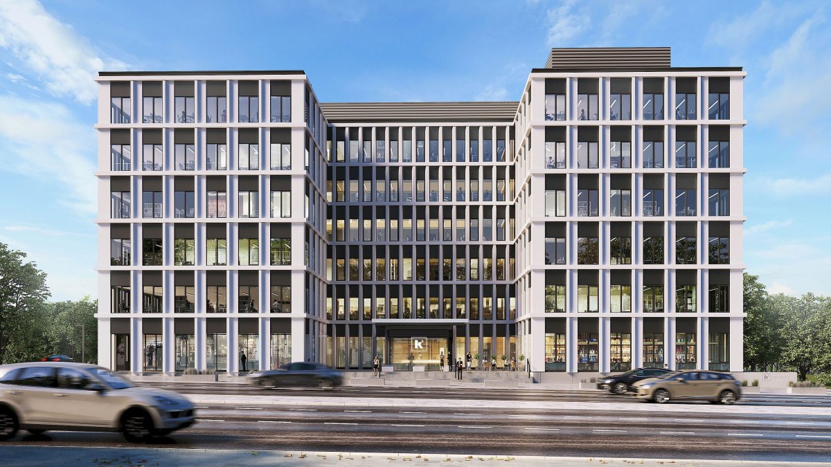 Wizualizacja projektu biurowca K2 w Gdyni. Budynek będzie nawiązywać do architektury gdyńskiego modernizmu, fot. Vastint Poland / mat. prasowe