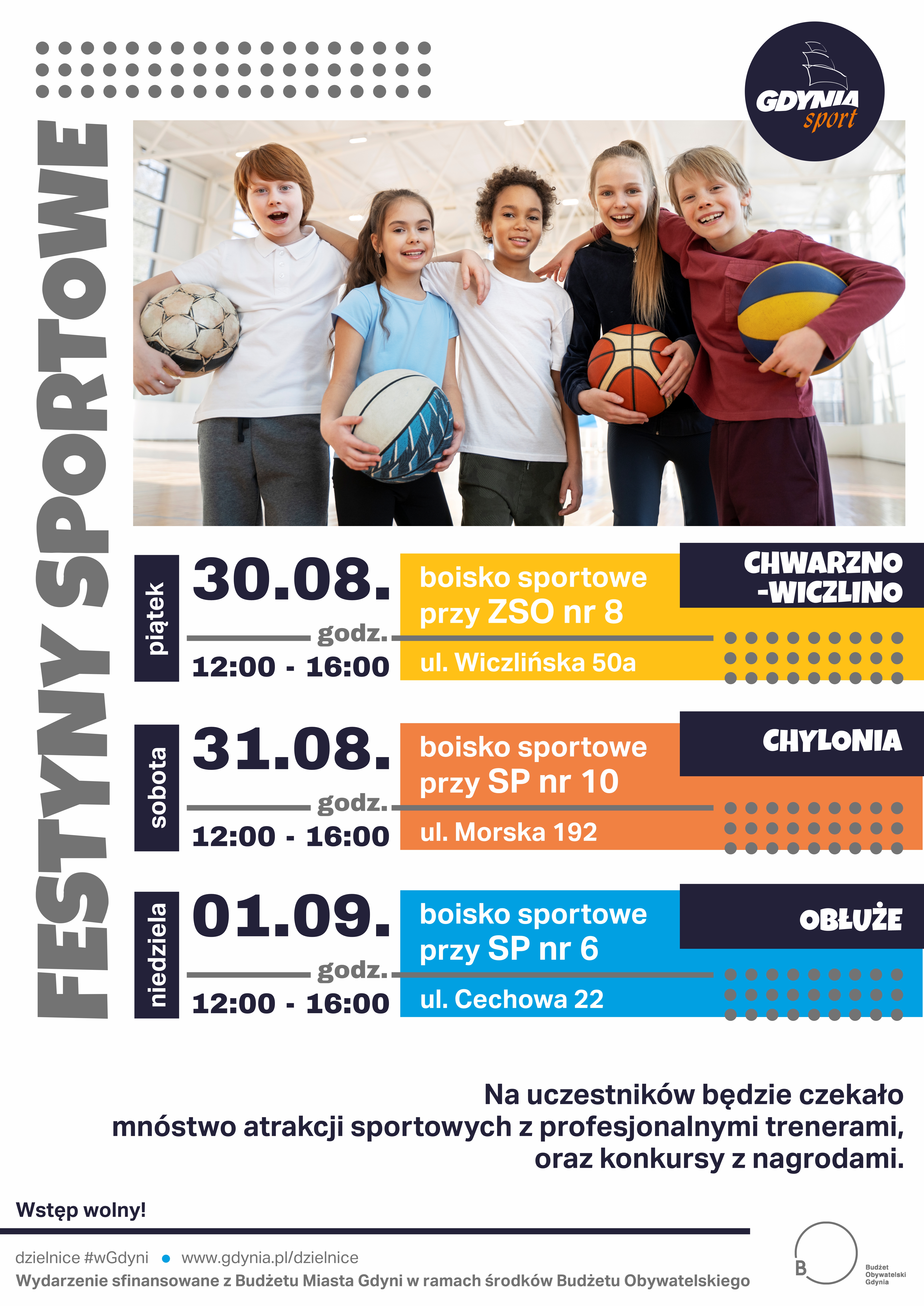 harmonogram festynów sportowych, dzieci z kolorowymi piłkami