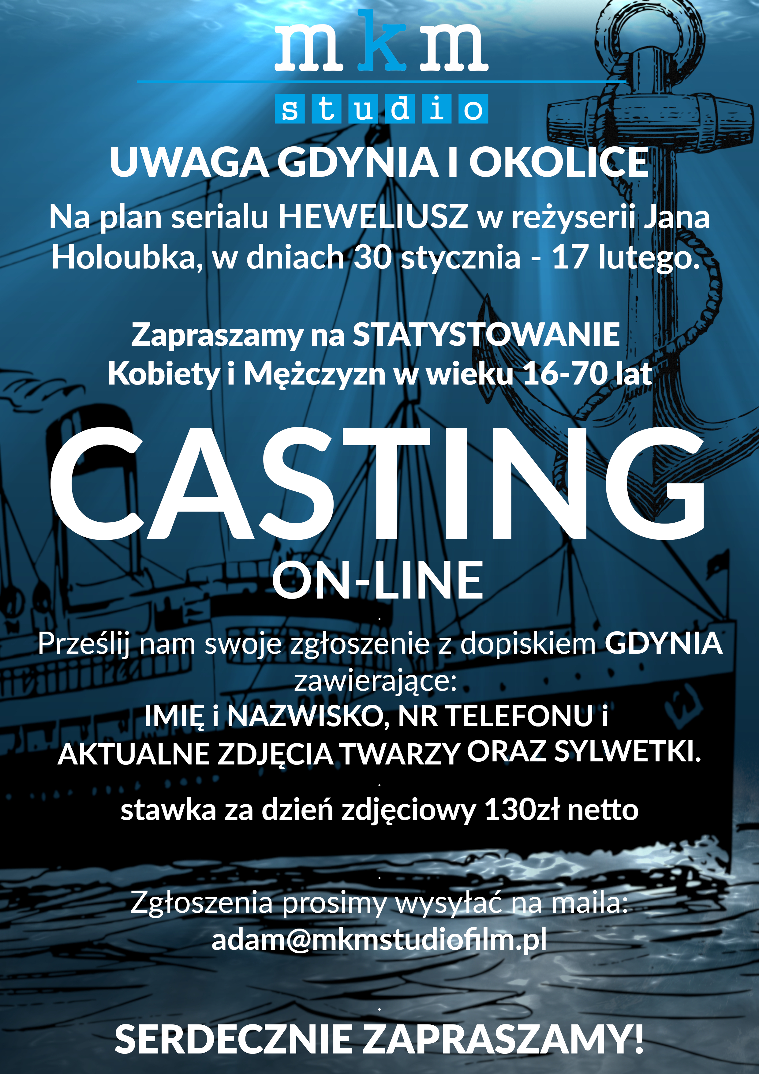 Plakat z informacjami o castingu online w Gdyni