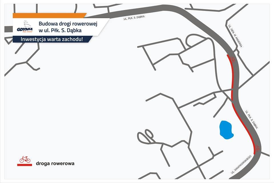 mapa inwestycji „Rozbudowa ul. płk. Dąbka na odcinku od ul. Derdowskiego do ul. Kwiatkowskiego poprzez budowę drogi rowerowej – zadanie 1”, mat. dzielnice#wGdyni