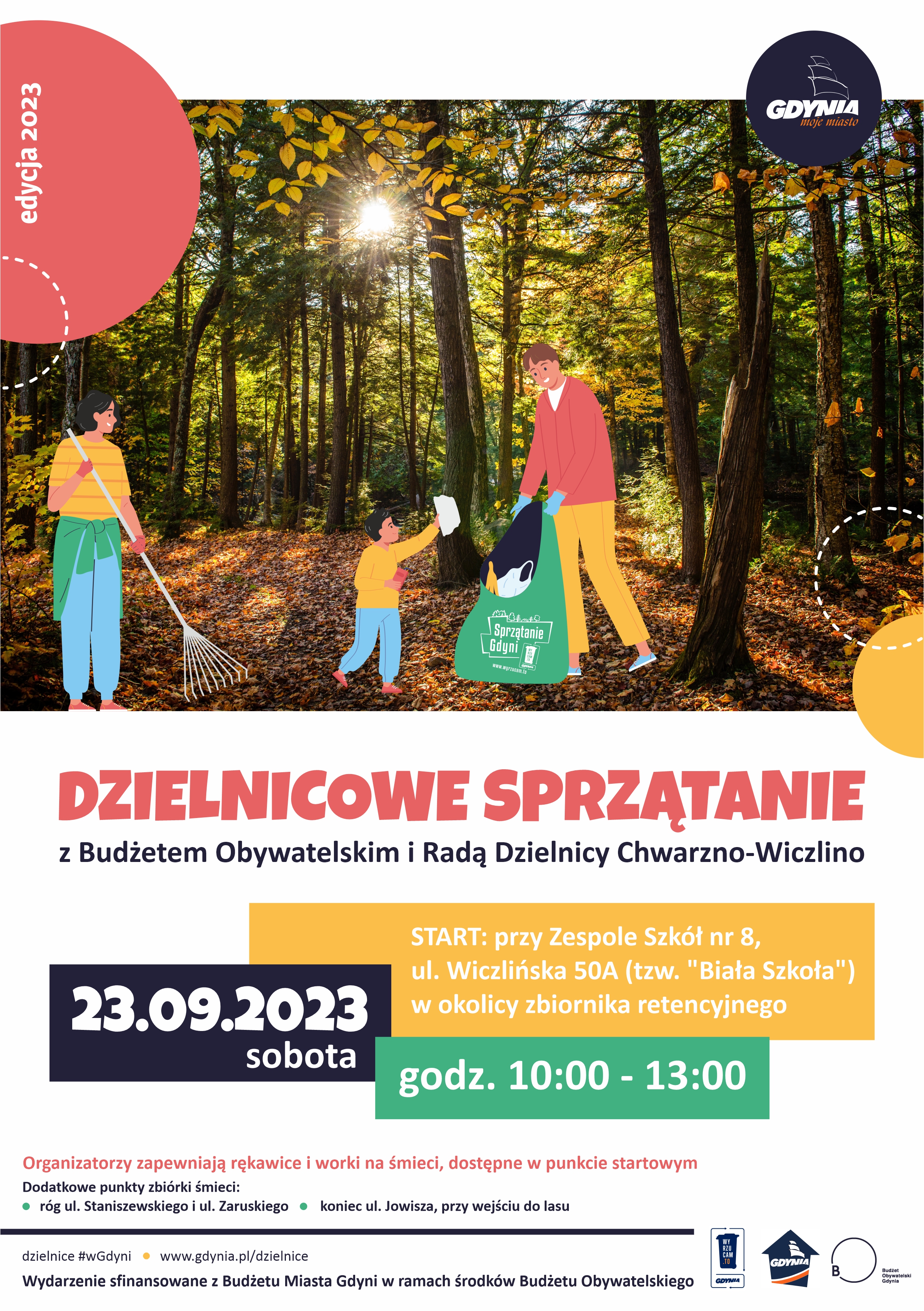 plakat dot. dzielnicowego sprzątania, w tle las i rodzina sprzątająca śmieci 