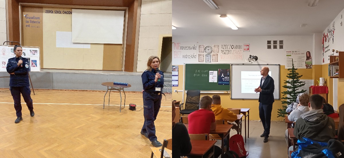 Kolarz zdjęć dwóch kobiet oraz mężczyzny przemawiającego do grupy osób 