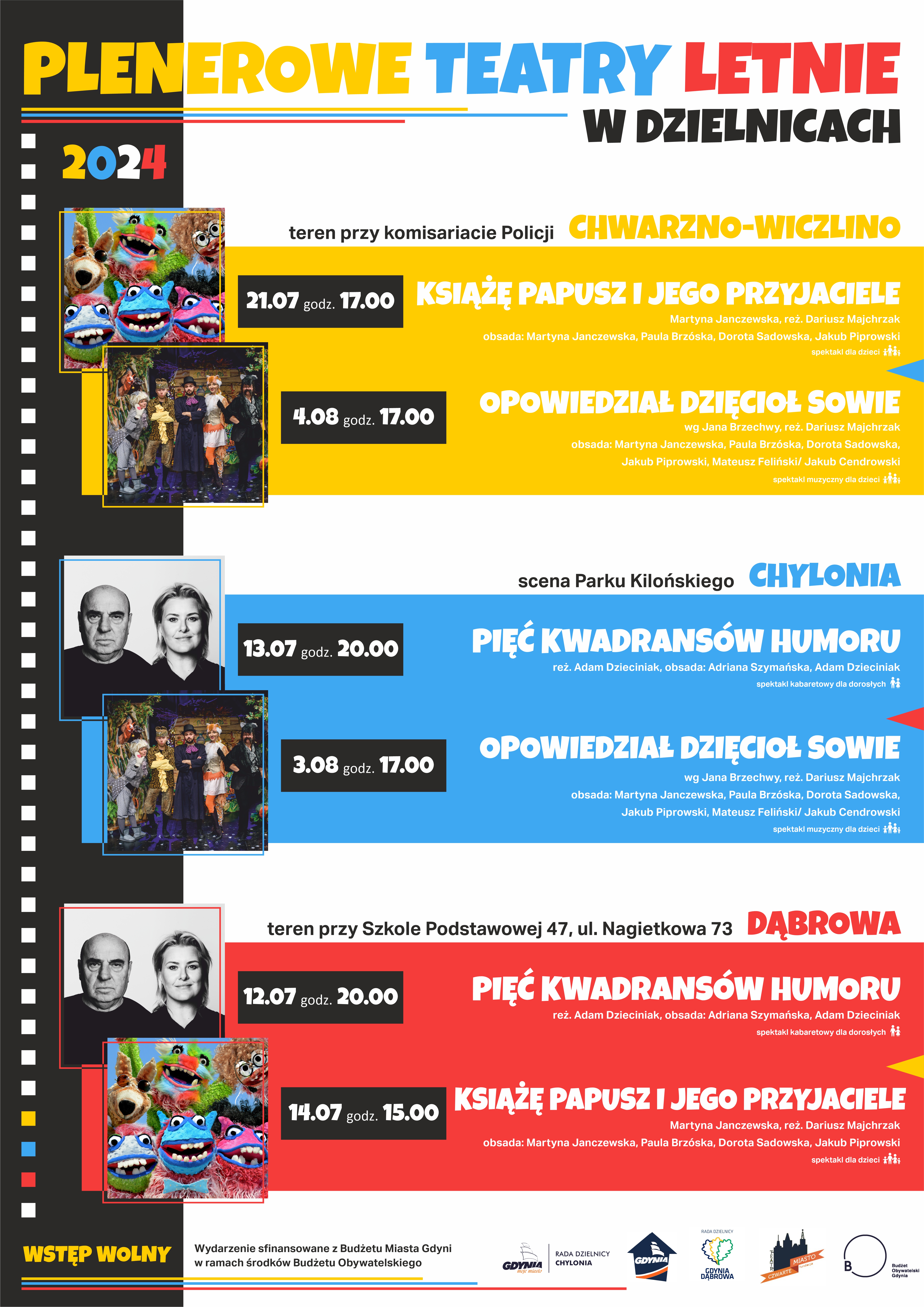 plakat reklamujący teatry plenerowe w dzielnicach ze zdjęciami ze spektakli