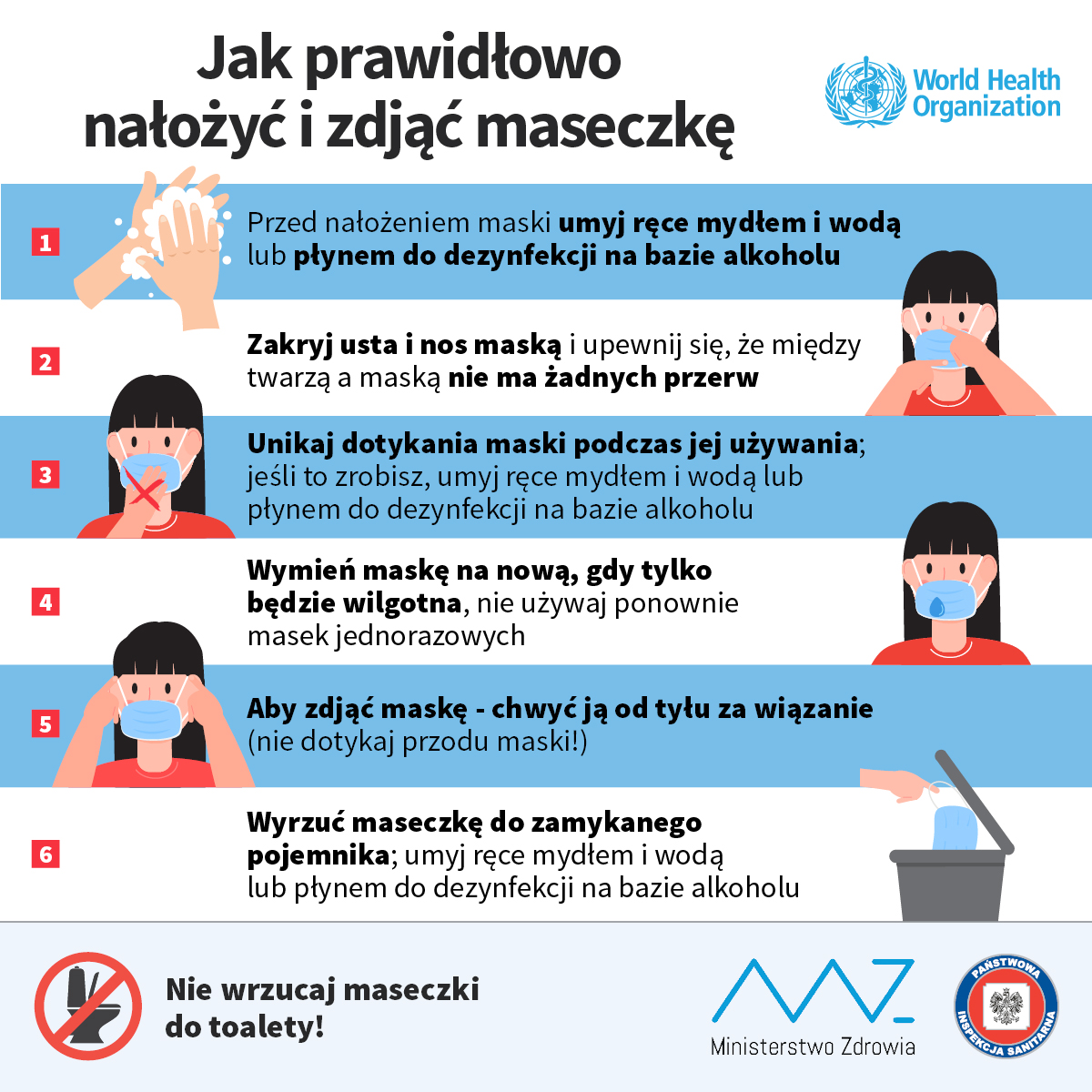 Grafika Ministerstwa Zdrowia: instrukcja jak założyć i zdjąć maseczkę