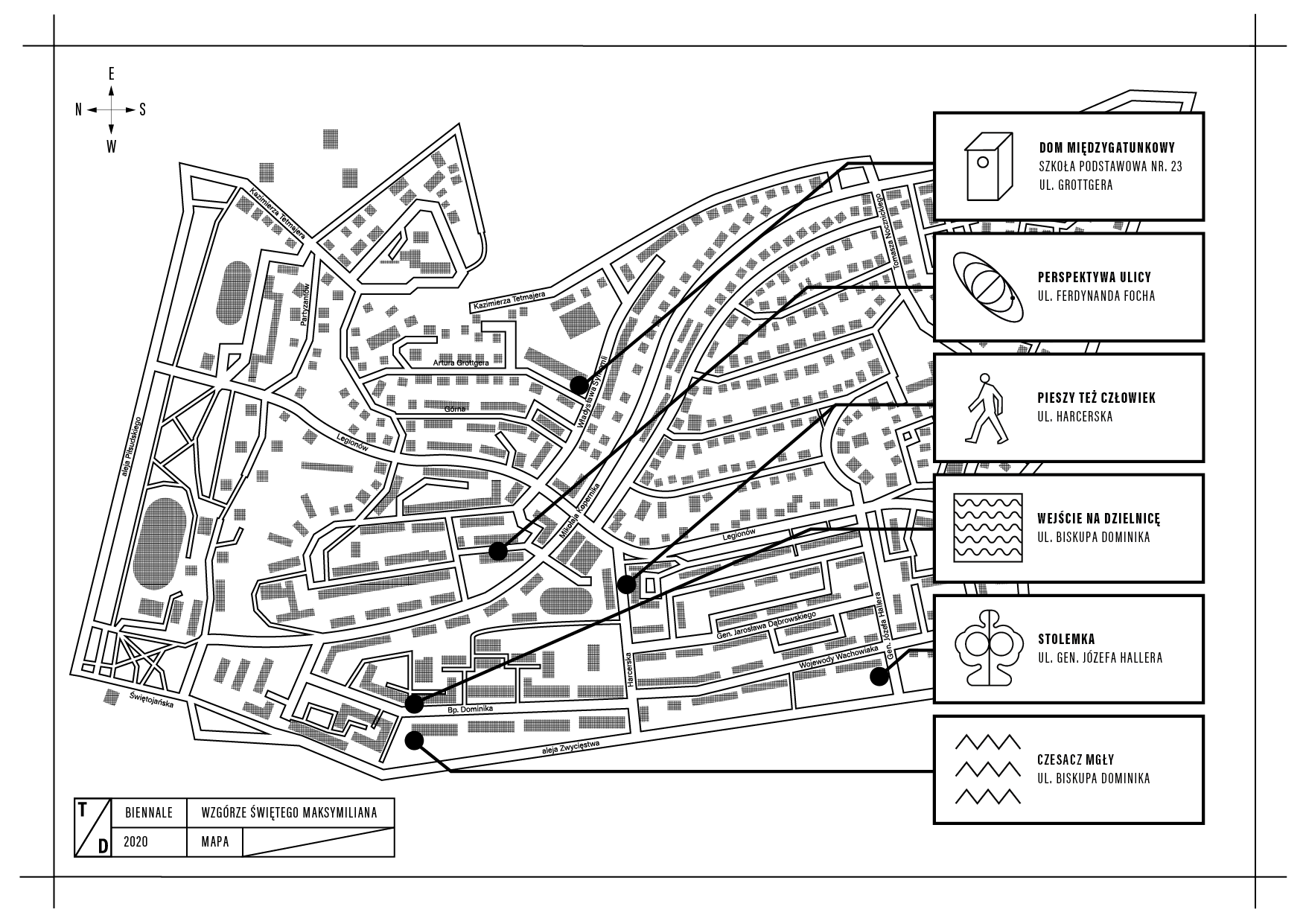 Mapa realizacji w ramach Biennale Dizajnu i Sztuki Miejskiej na Wzgórzu św. Maksymiliana, fot. mat. Traffic Design / facebook.com/TrafficDesign