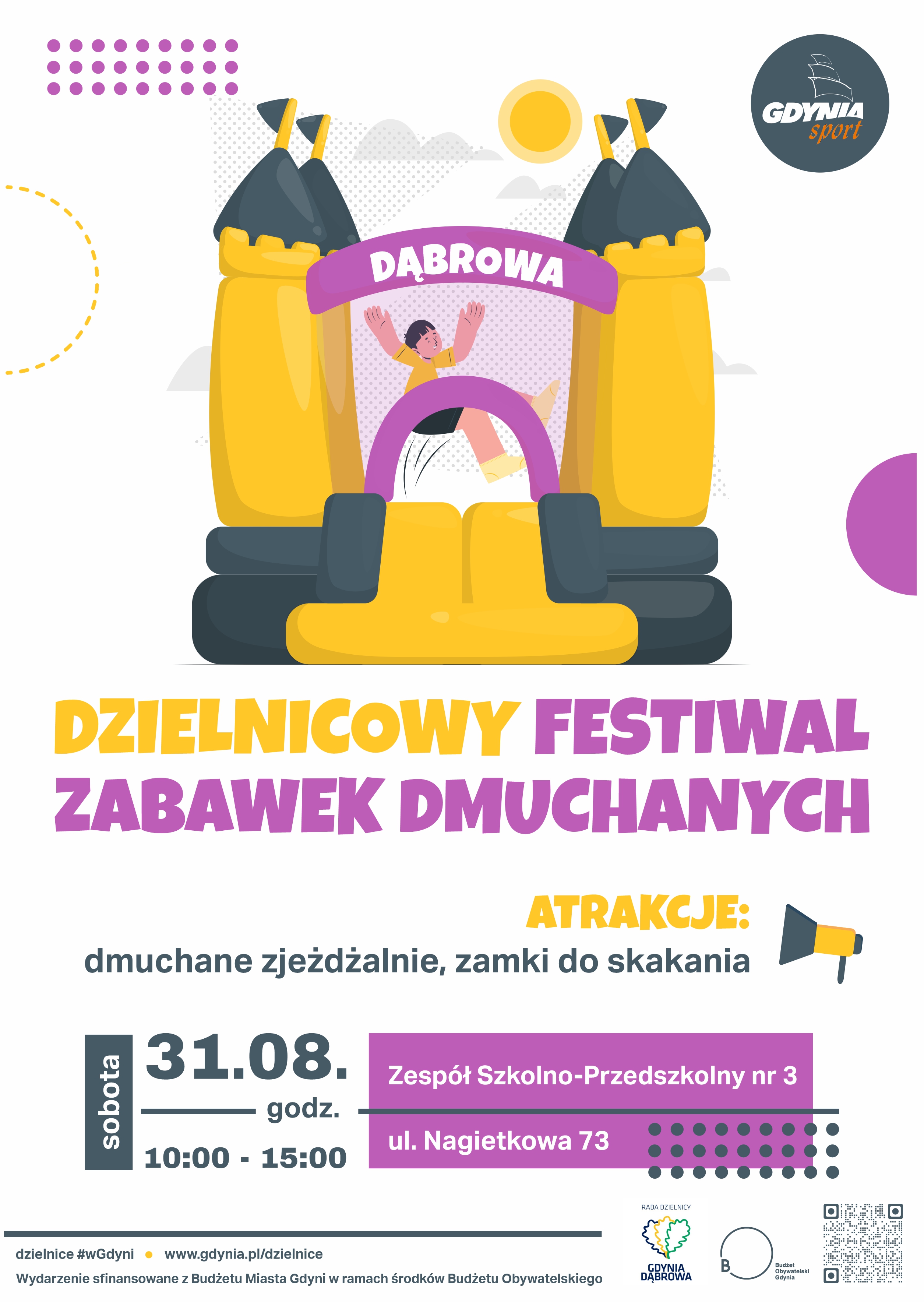 plakat reklamujący Dzielnicowy Festiwal Zabawek Dmuchanych na Dąbrowie, narysowane dmuchane zabawki