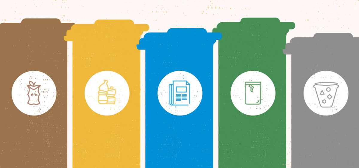 Pięć pojemników na odpady w różnych kolorach. Materiały prasowe