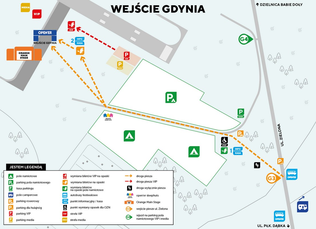 Mapa wejścia Gdynia z oznakowanymi parkingami, polem namiotowym i punktami wymiany biletów // fot. materiały prasowe