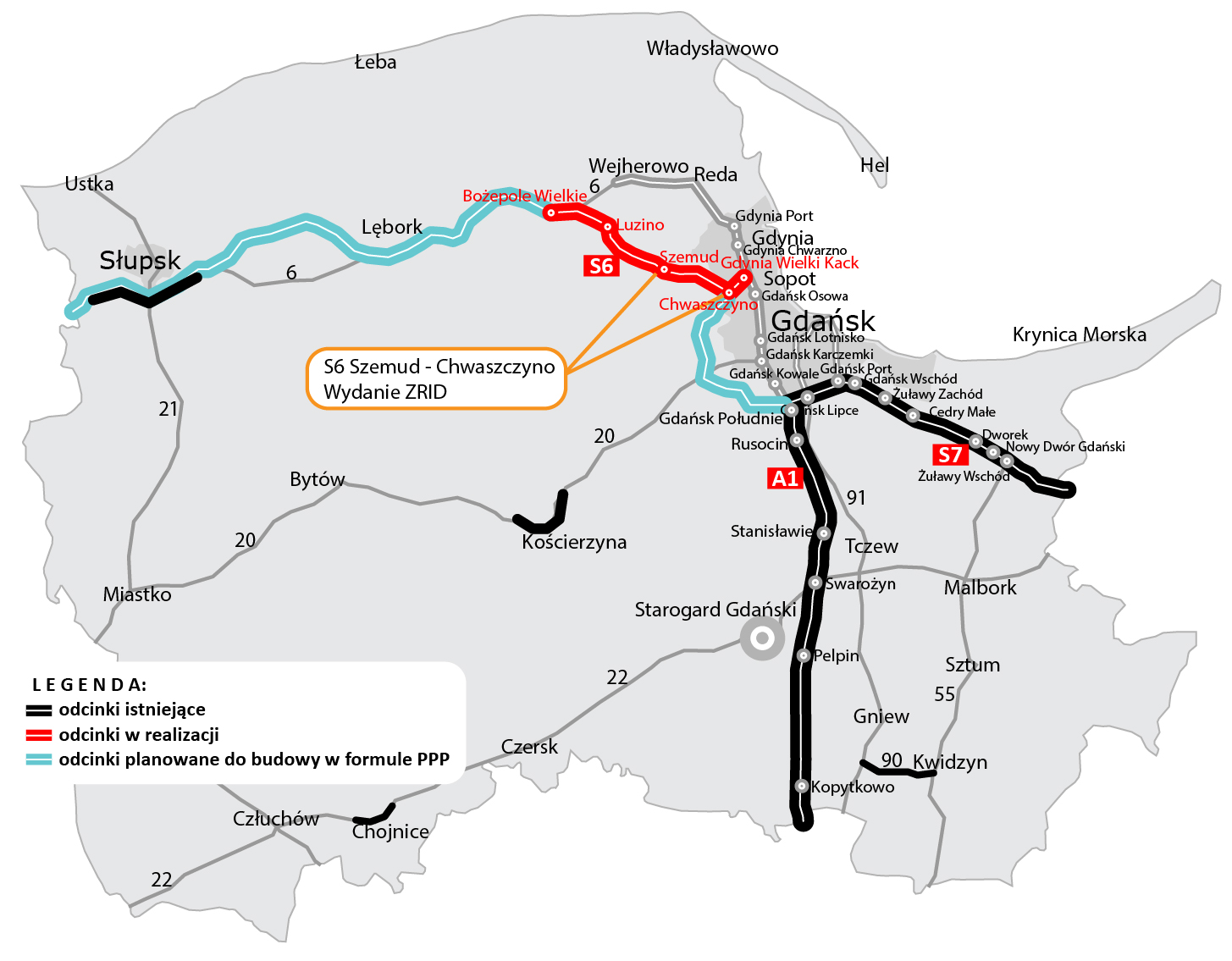 Mapa przedstawiająca planowany przebieg nowej trasy S6, źródło: GDDKiA Oddział Gdańsk, www.gddkia.gov.pl