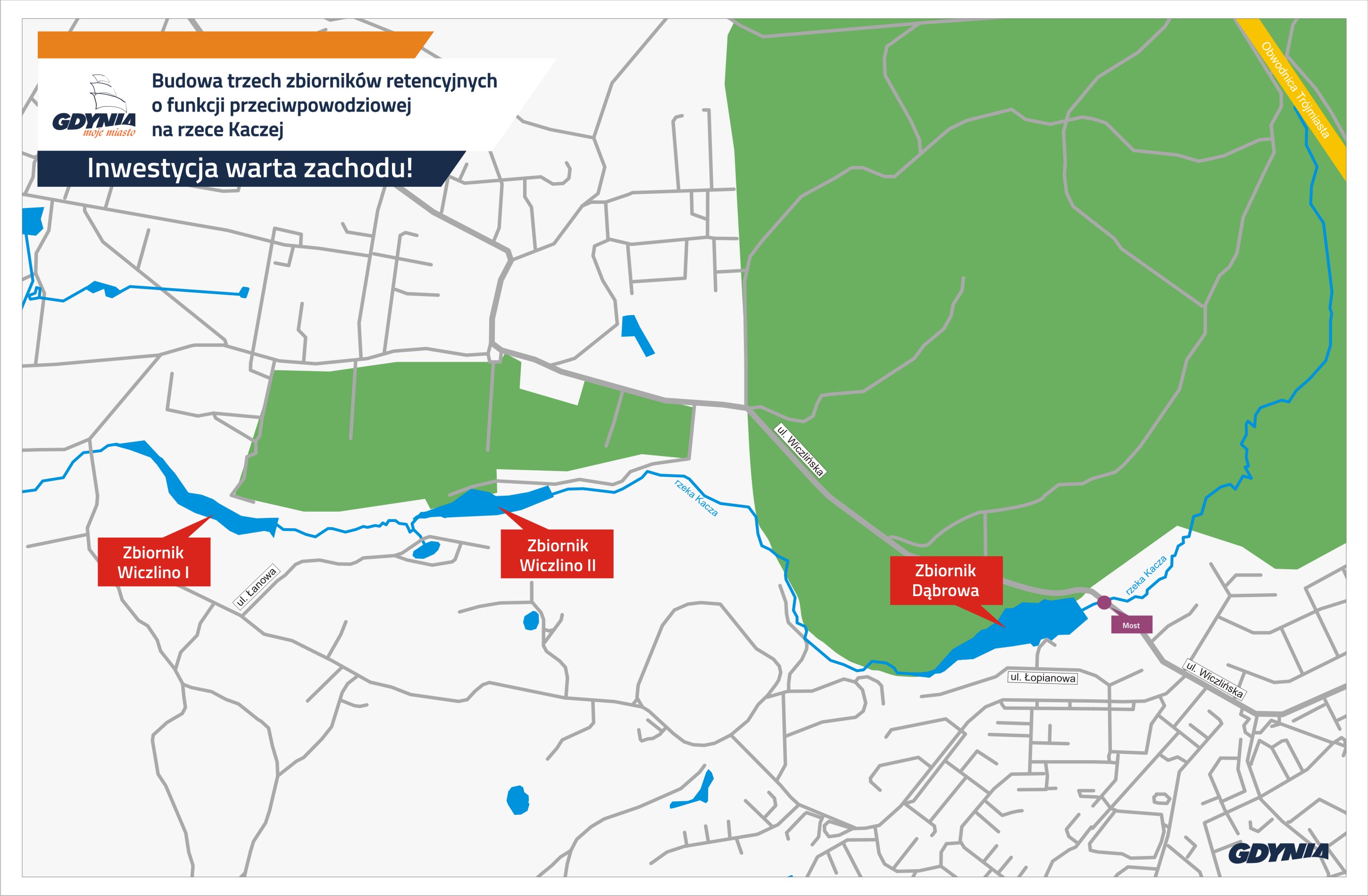 1 faza inwestycji, zaprojektowanie 3 zbiorników retencyjnych, mat. Dzielnice#wGdyni