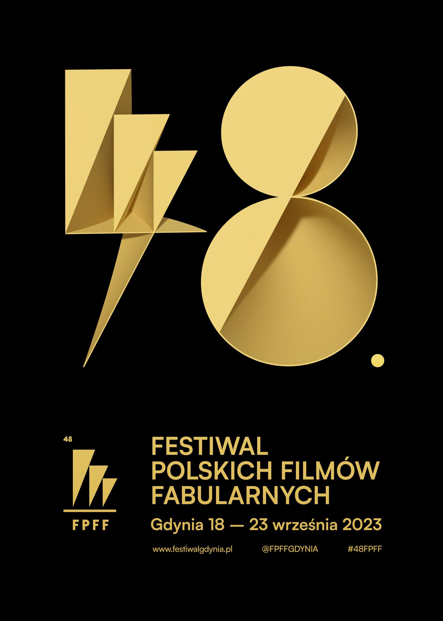 Na czarnym tle złoty napis: 48. Festiwal Polskich Filmów Fabularnych, Gdynia 18-23 września 2023