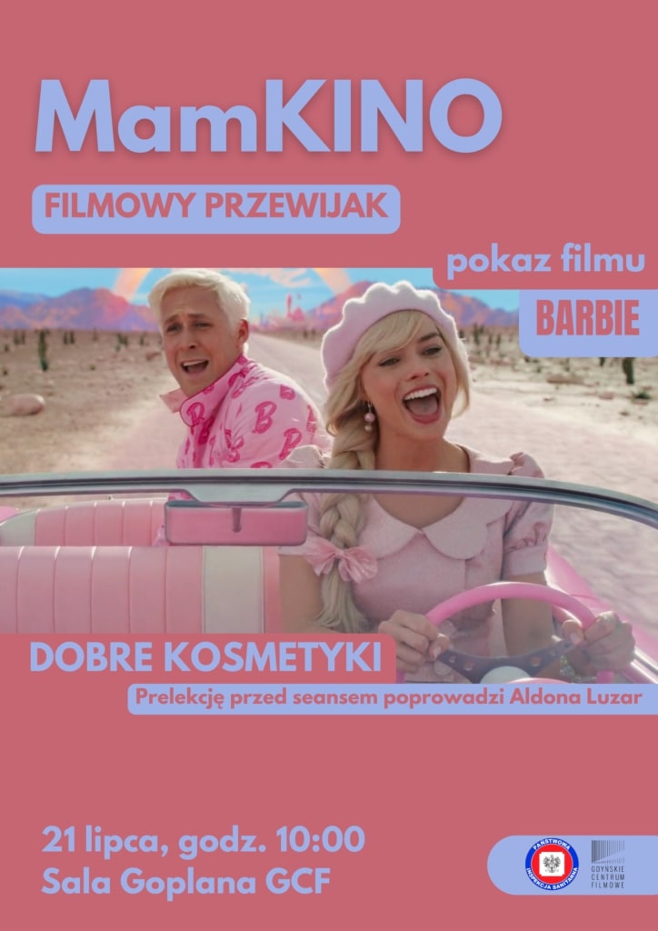 Plakat filmu „Barbie” z Margot Robbie i Ryanem Goslingiem, którzy siedzą w kabriolecie