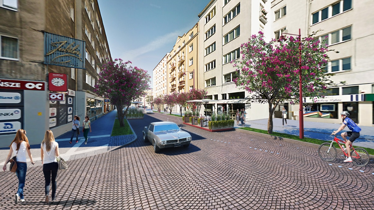 Nowa ulica Starowiejska to uspokojenie ruchu samochodowego i więcej przestrzeni dla pieszych oraz rowerzystów, wiz. Rem Projekt / Urban Media