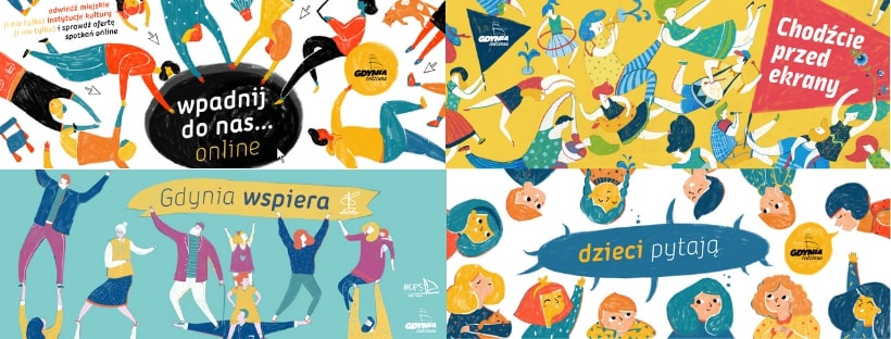 Kolaż czterech grafik Gdyni Rodzinnej. Od lewej u góry: Wpadnij do nas online, Chodźcie przed ekrany, Dzieci pytają i Gdynia wspiera.