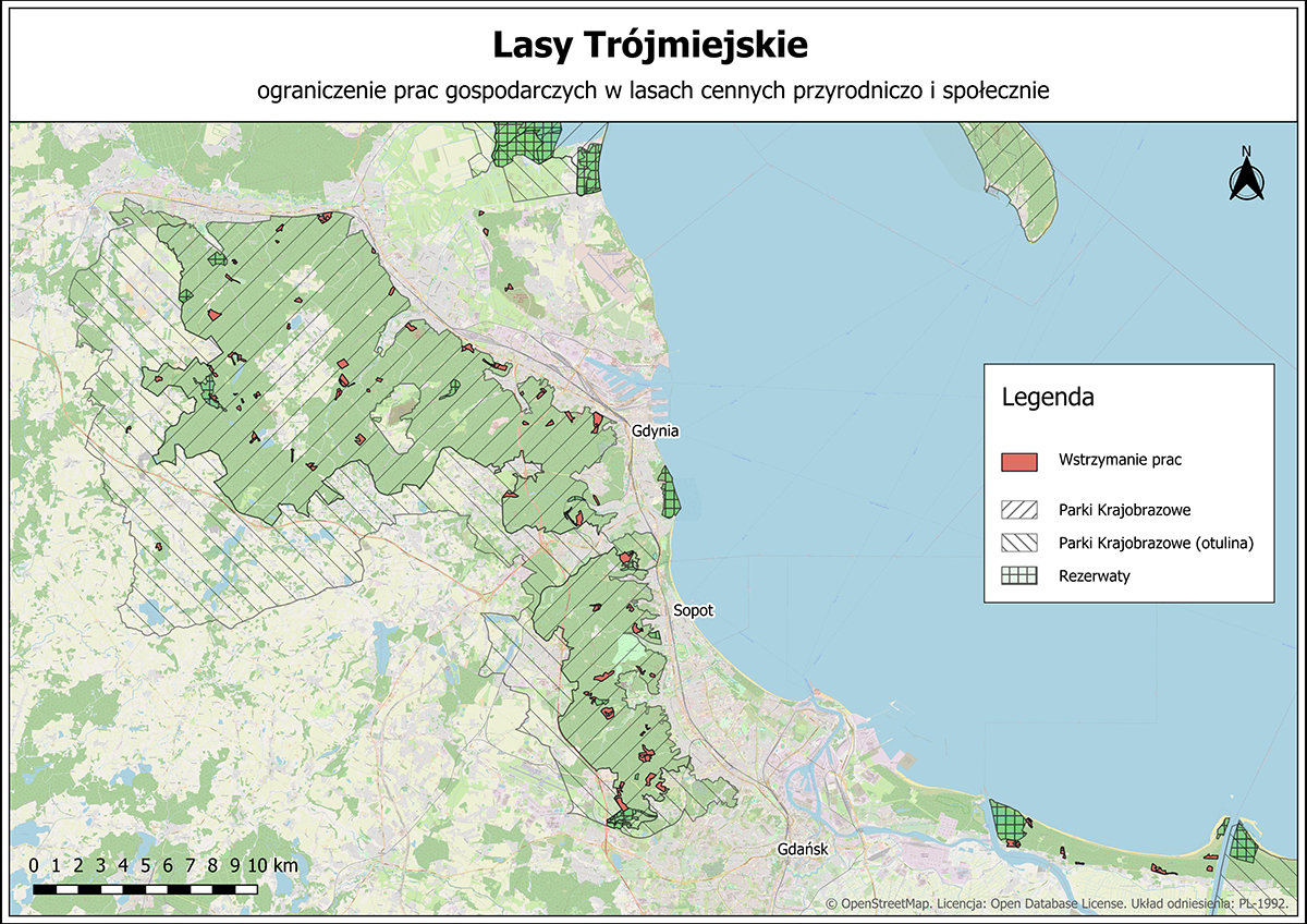 Mapa Trójmiejskiego Parku Krajobrazowego z zaznaczonymi miejscami ograniczenia wycinki.