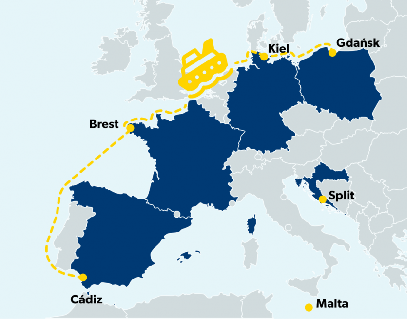 Mapa przybliżonej trasy rejsu statku badawczego, mat. Alan Stocki / ZP / Uniwersytet Gdański