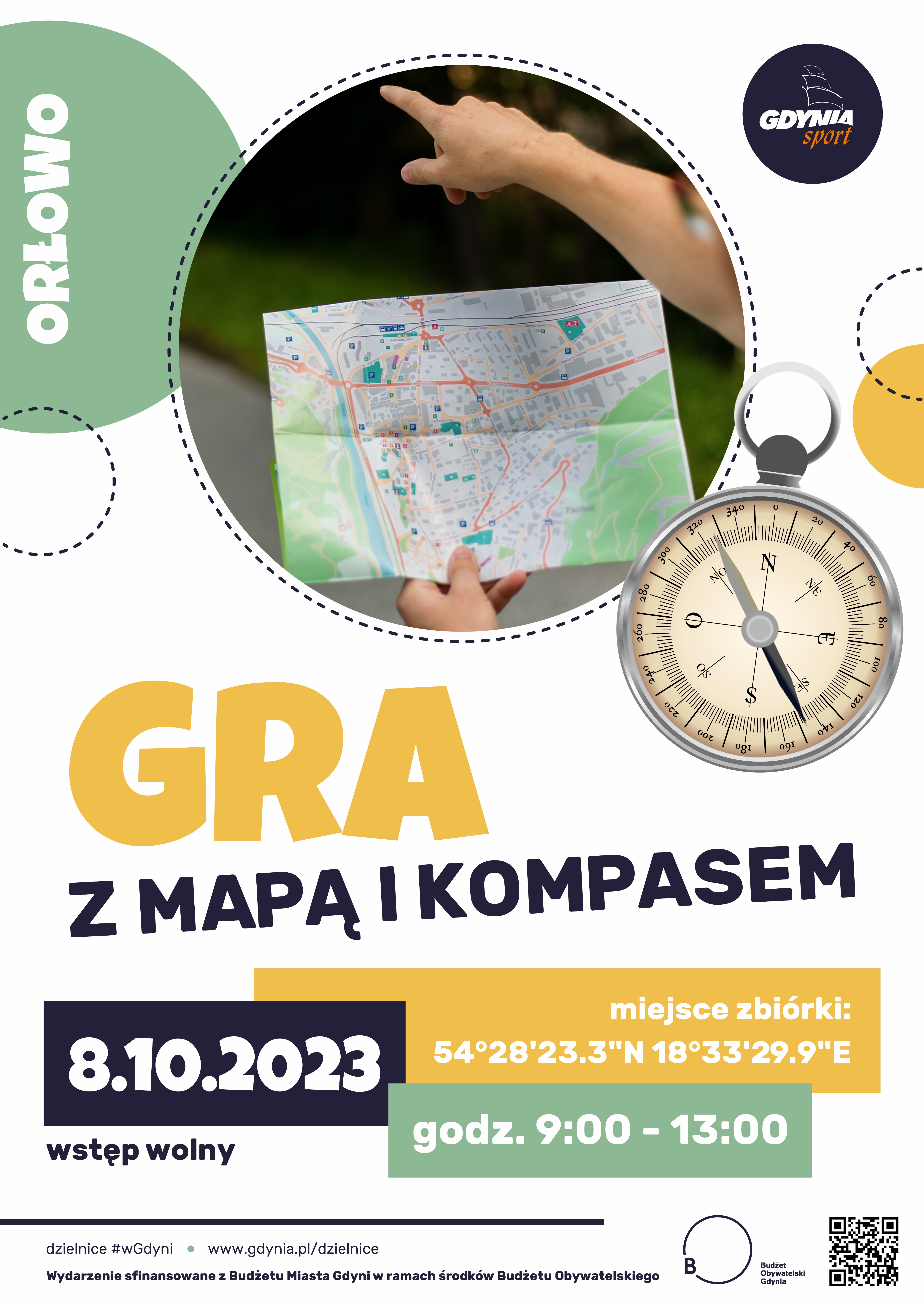 gra z mapą i kompasem// plakat na nim kompas oraz mapa w ręku uczestnika