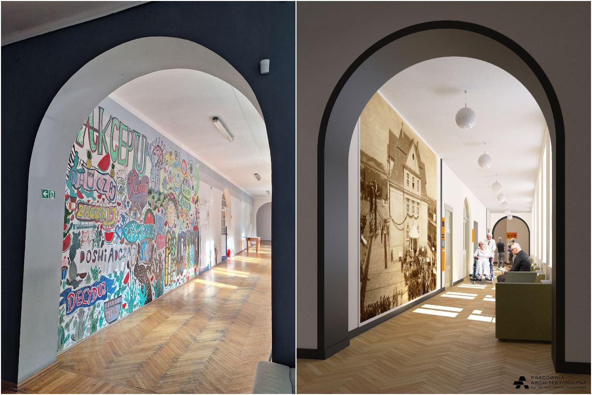 Dwa elementy: po lewej zdjęcie holu i łuku prowadzącego do holu w budynku byłej szkoły przy 10 Lutego, na ścianie graffiti, z prawej: wizualizacja tego samego holu, inny kolor ścian, elementy wyposażenia, na ścianie retro zdjęcie Gdyni