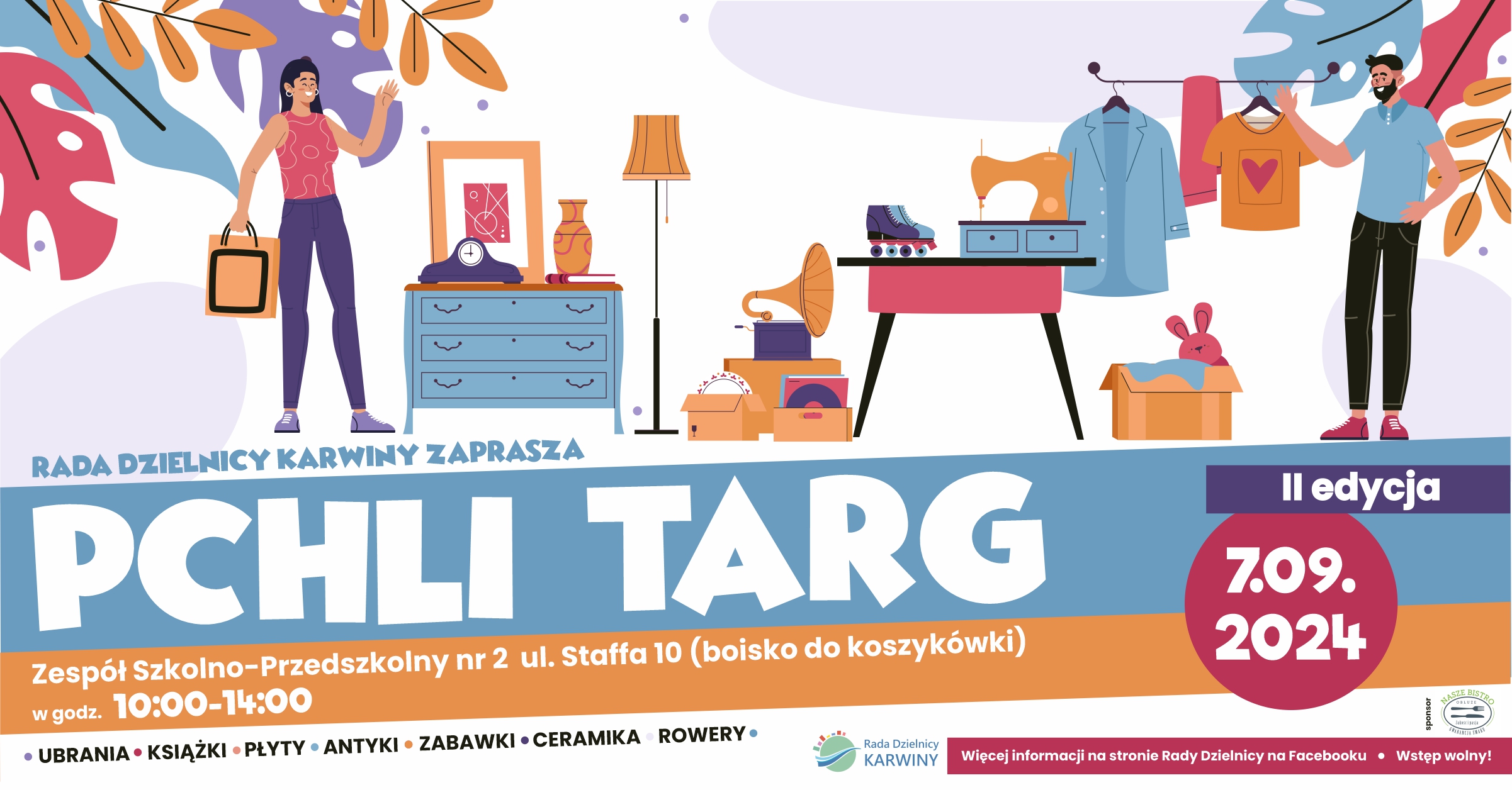 plakat reklamujacy Pchli Targ na Karwinach, narysowane postaci wśród rzeczy do kupienia