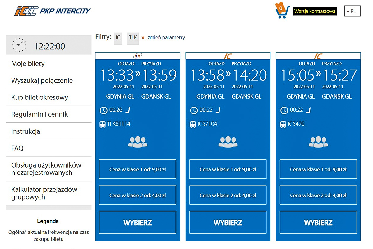 Zrzut ekranu połączeń TLK i Intercity
