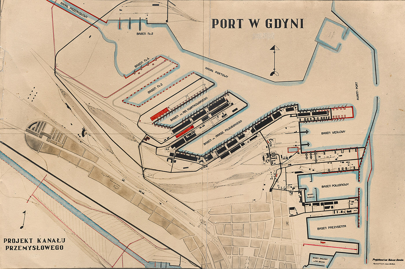 Projekt kanału przemysłowego, jednocześnie plan Portu w Gdyni, autorstwa inżyniera Tadeusza Wendy. Wykonany odręcznie na wydrukowanym planie portu. Źródło: gdyniawsieci.pl