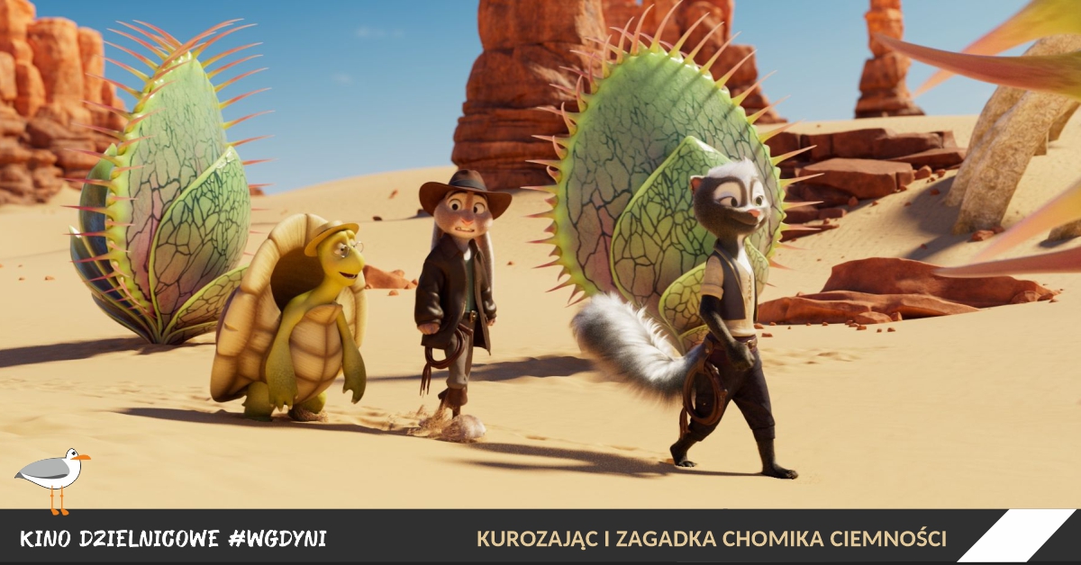 kadr z filmu : skunks, zająć i żółw wędrują po pustyni