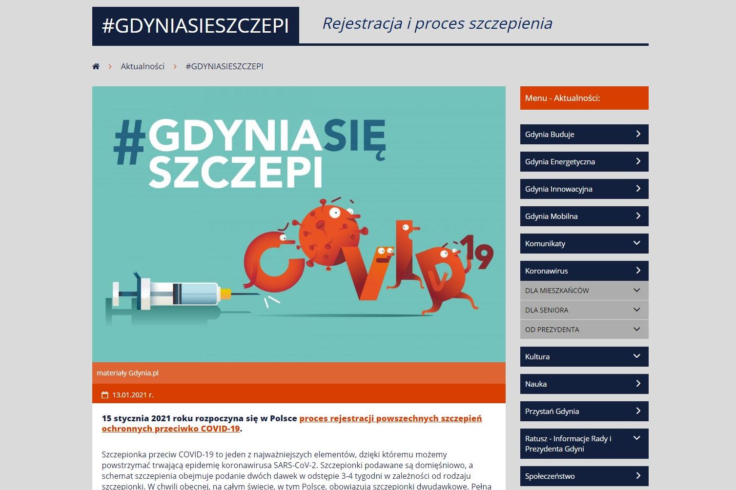 Zrzut ekranu strony GdyniaSięSzczepi