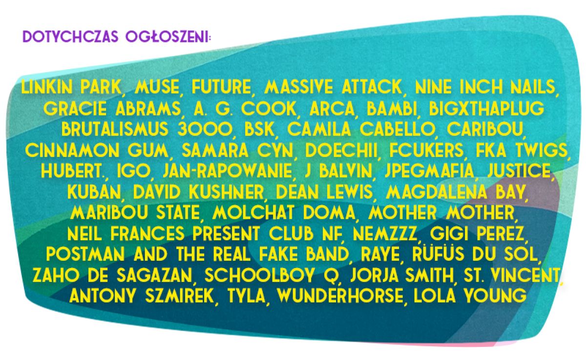 Grafika Open'er Festival przedstawiająca nazwy zespołów i wokalistów występujących na tegorocznym festiwalu.