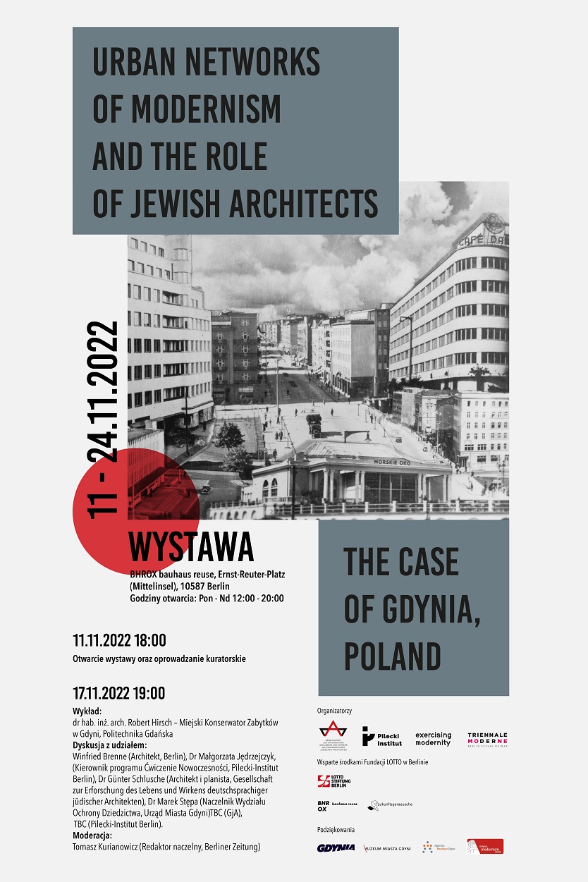Plakat promujący wystawę "Urban networks of modernism and the role of jewish architects – the case of Gdynia (Poland)"