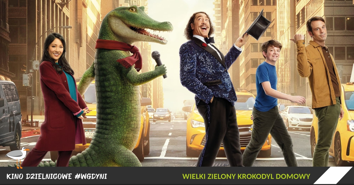 Kadr z filmu "Wielki Zielony Krokodyl Domowy" 3 osoby tańczące krokodylem