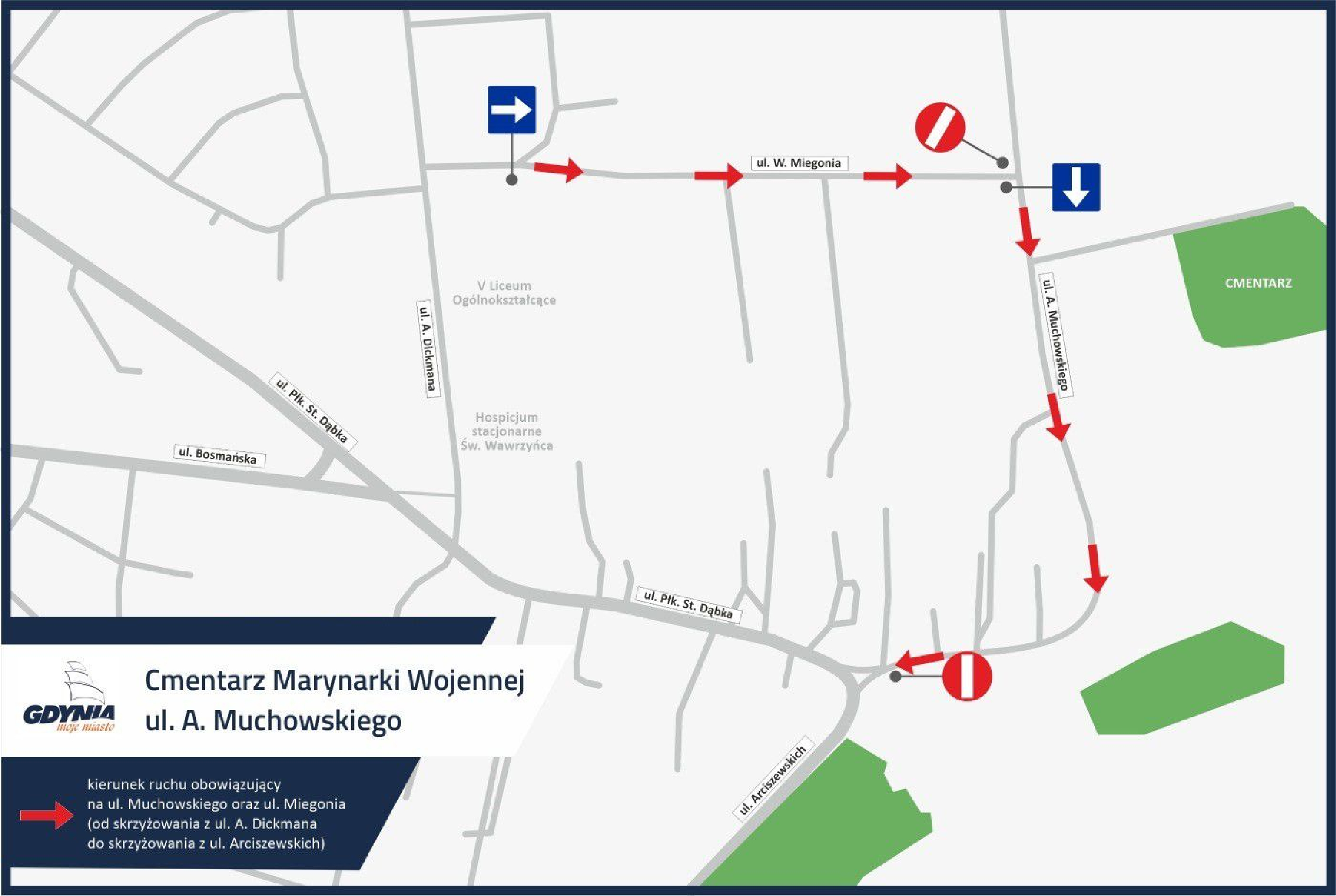 Mapka dojazdu na cmentarz Marynarki Wojennej przy ul. Antoniego Muchowskiego