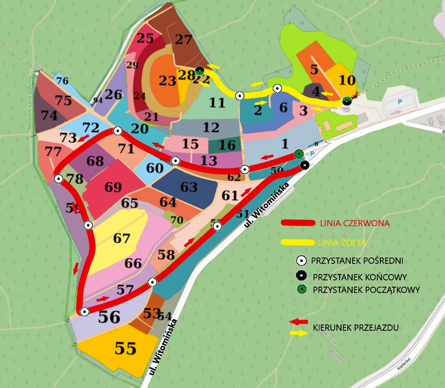 Mapka Cmentarza Witomińskiego z przystankami meleksów