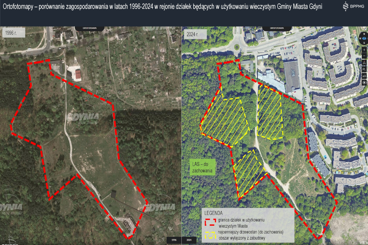 Porównanie zagospodarowania w latach 1996-2024 w rejonie działek będących w użytkowaniu wieczystym Gminy Miasta Gdyni. (oprac. wł. BPPMG)