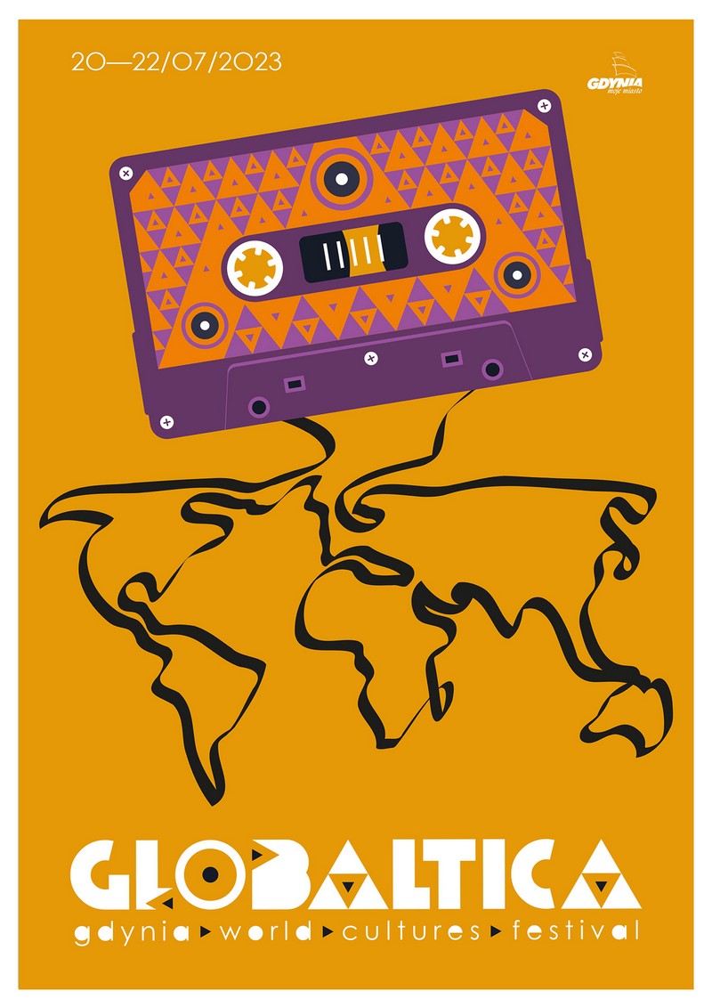 Plakat 18. edycji festiwalu Globaltica autorstwa Piotra Pucyły. Widać na nim kasetę magnetofonową. Wyciągnięta z niej taśma układa się w kontury kontynentów. Na dole napis: Globaltica. Gdynia World Cultures Festival // materiały prasowe