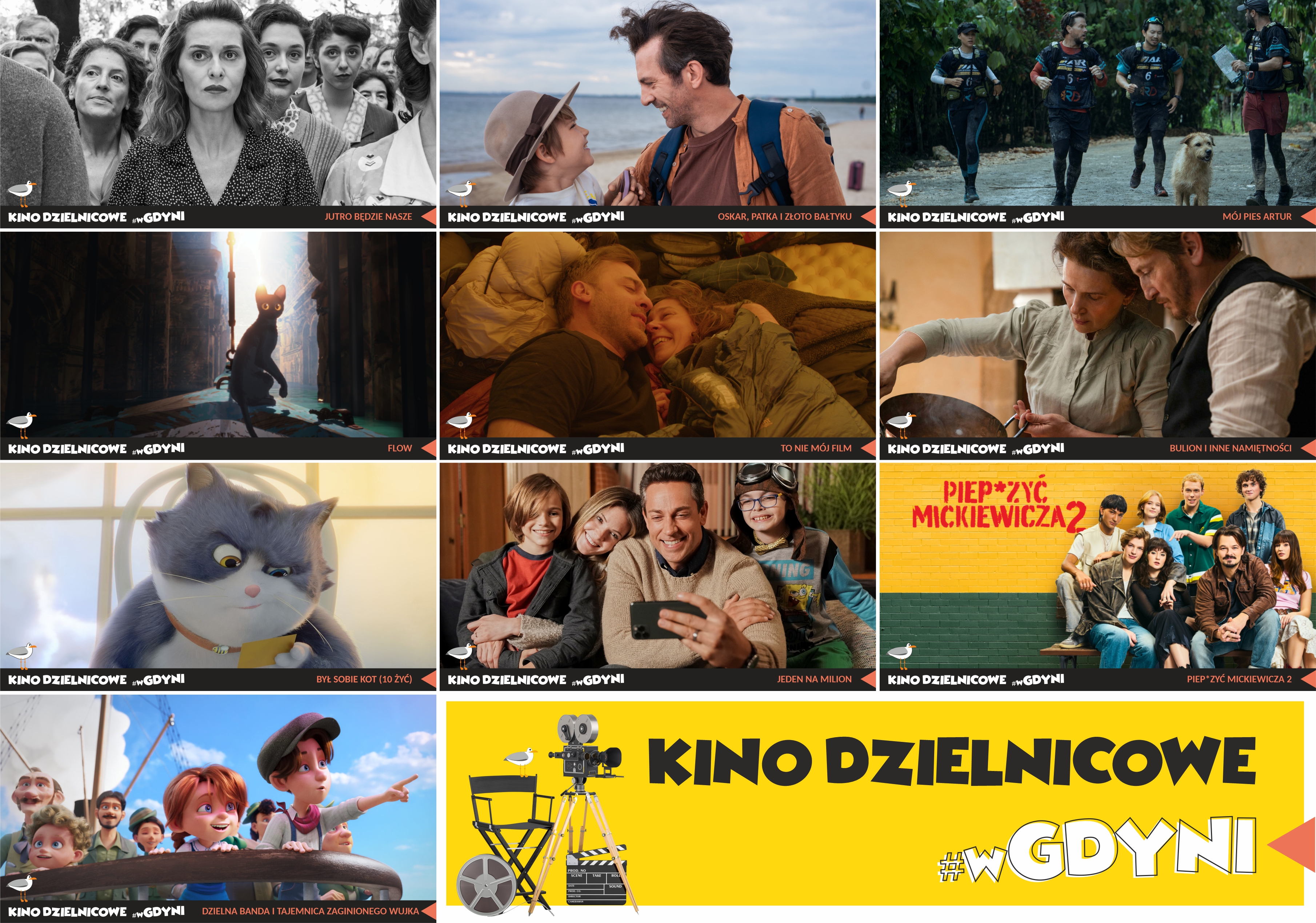 Kolaż kadró z filmów, które będa pokazywane w ramach Kina Dzielnicowego #wGdyni.