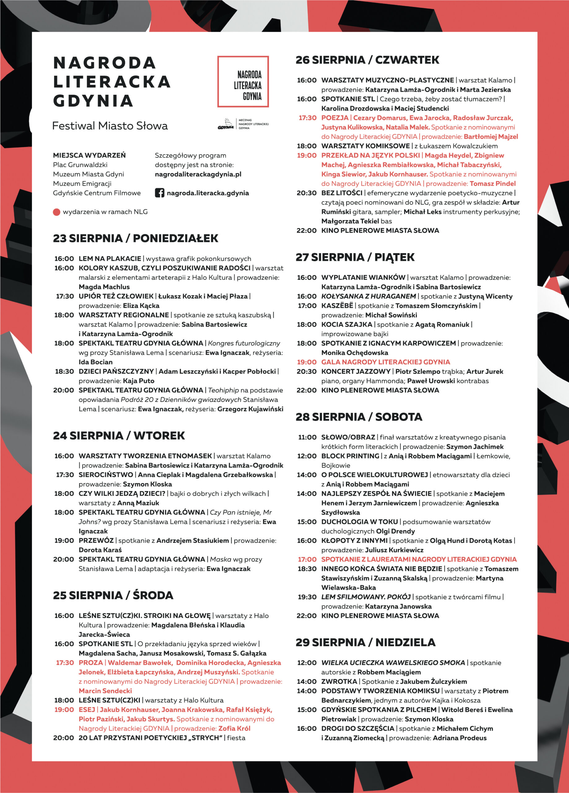 Program wydarzenia: Nagroda Literacka Gdynia. Festiwal Miasto Słowa. Mat. prasowe