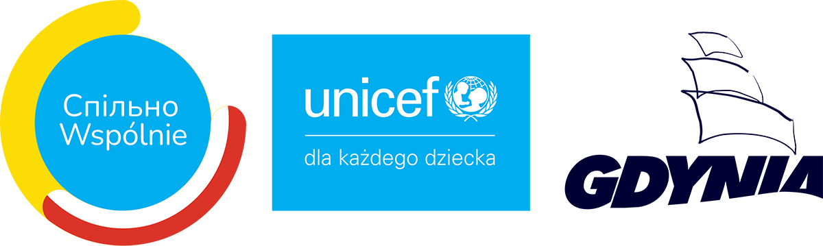 Belka logotypów, niebieskie unicef, kolorowe wspólnie, Gdynia moje miasto