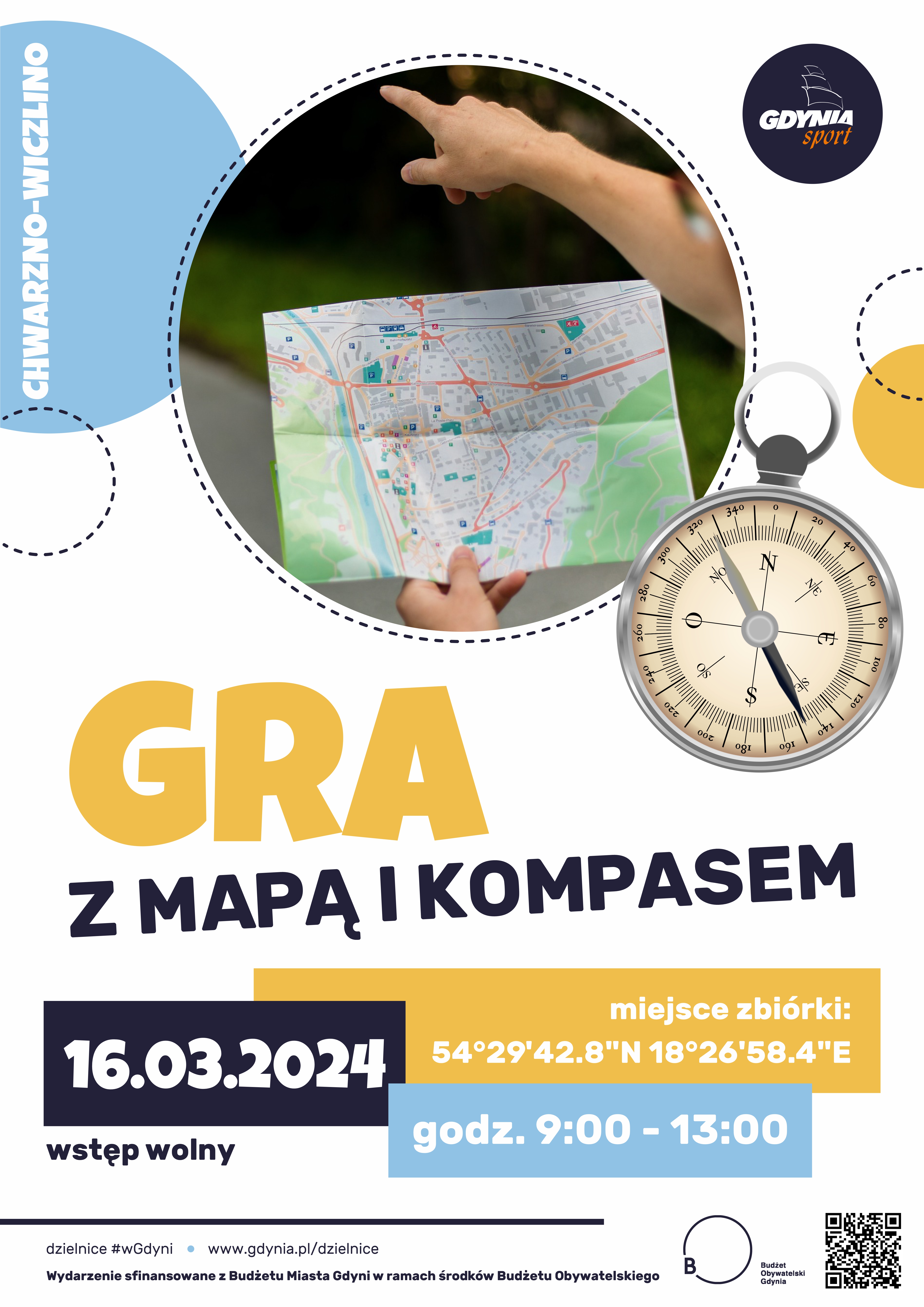 plakat do wydarzenia, nazwa i kompas 